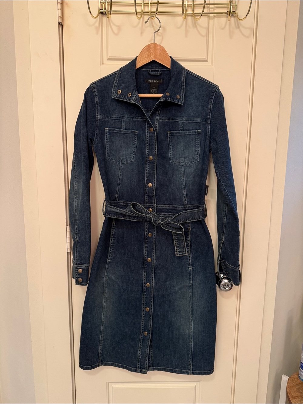 Y2K Sergio Valente Dark Blue Denim Shirt Dress with Tie Belt L